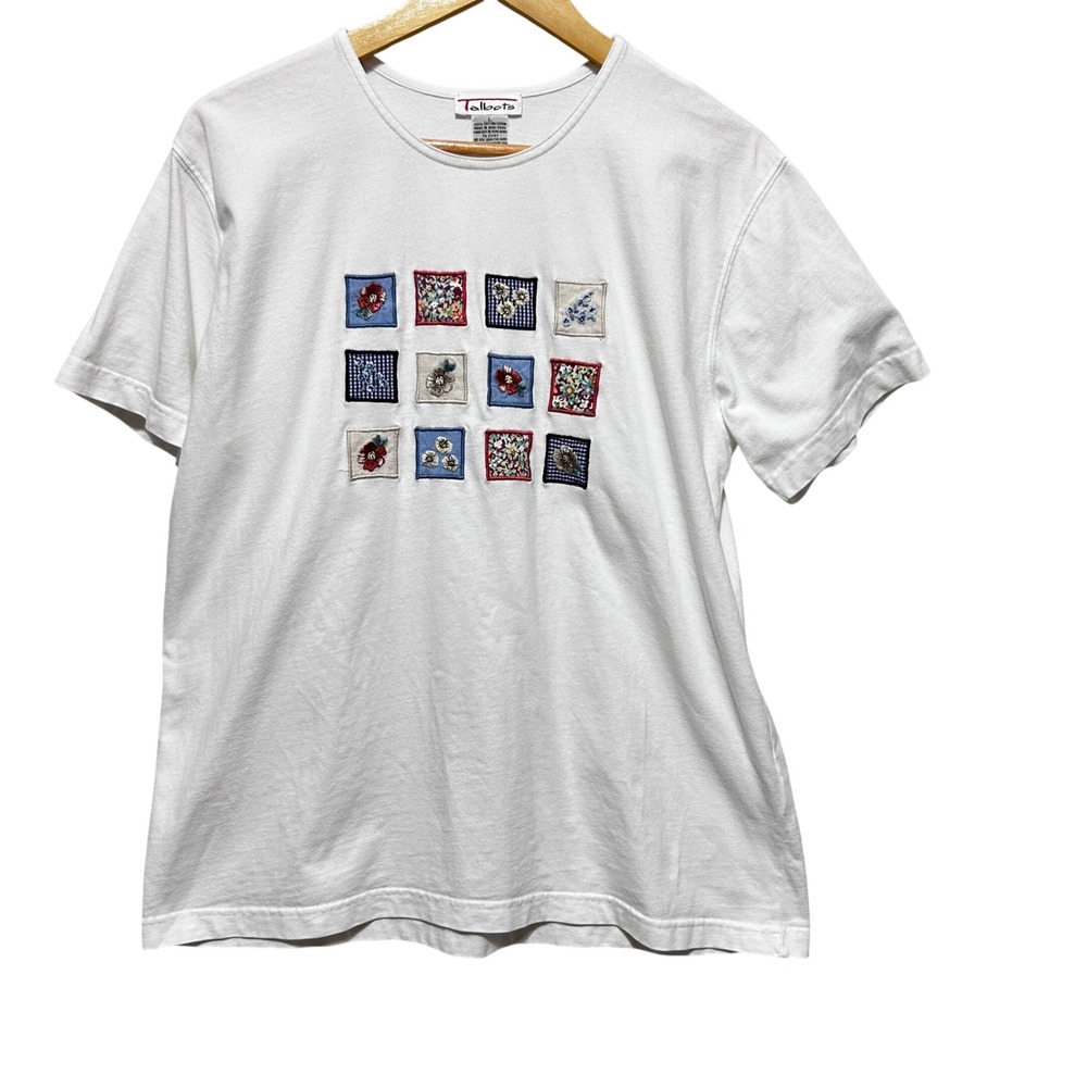 Vintage Talbots Women‎ Embroidered Patchwork Tee L White Cottagecore Folk Floral